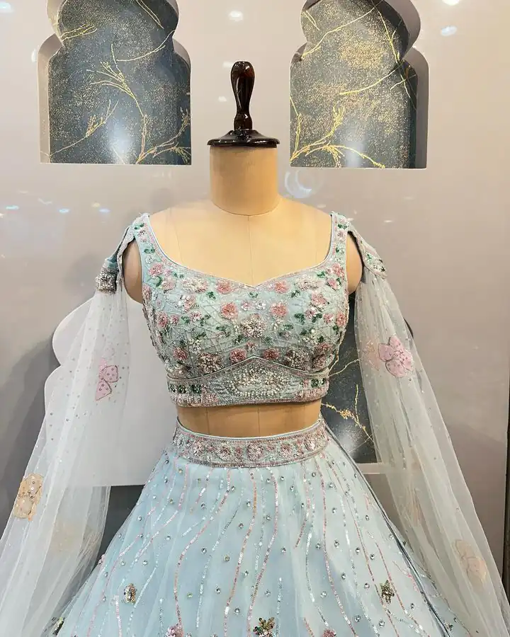 Light Blue Organza Silk Embroidered Lehenga Choli | Lehenga, Bollywood Lehenga, Creative Lehenga, Designer Lehenga, Embroidered Lehenga, Party Wear Lehenga