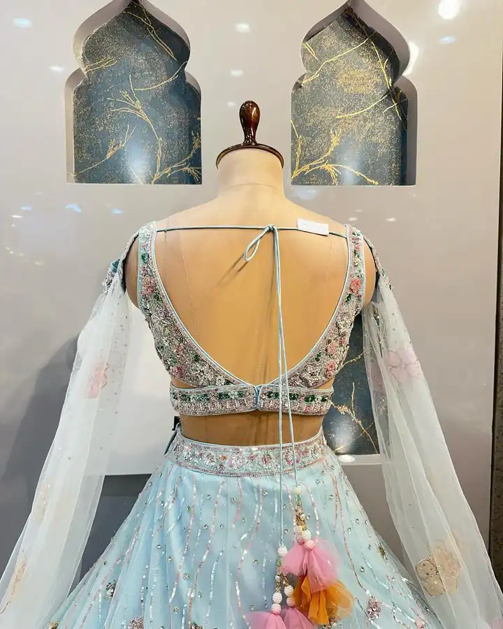 Light Blue Organza Silk Embroidered Lehenga Choli | Lehenga, Bollywood Lehenga, Creative Lehenga, Designer Lehenga, Embroidered Lehenga, Party Wear Lehenga