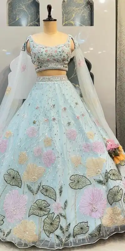 Light Blue Organza Silk Embroidered Lehenga Choli | Lehenga, Bollywood Lehenga, Creative Lehenga, Designer Lehenga, Embroidered Lehenga, Party Wear Lehenga