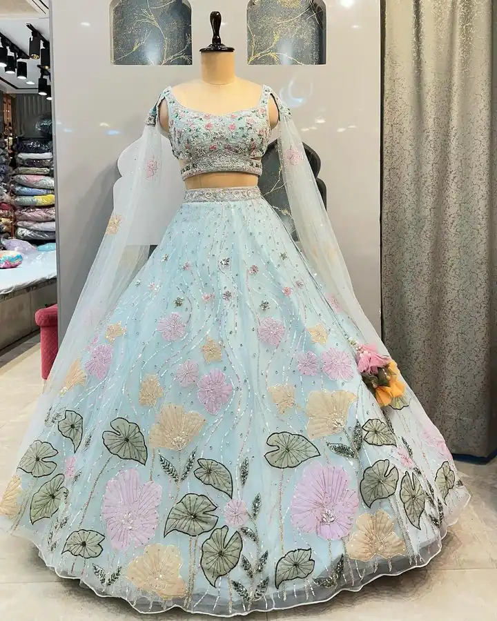 Light Blue Organza Silk Embroidered Lehenga Choli | Lehenga, Bollywood Lehenga, Creative Lehenga, Designer Lehenga, Embroidered Lehenga, Party Wear Lehenga