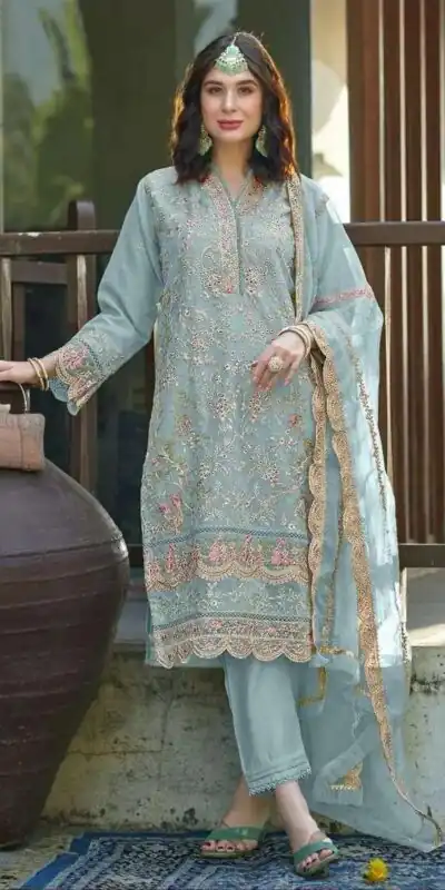 Light Blue Organza With Embroidery Sequence Work Salwar Suit | Jump Suits, Salwar suit, Casual Suits, Creative suits, Designer Suits, Palazzo Suits, Party Wear Suits, Patiala Suits, Straight Suits
