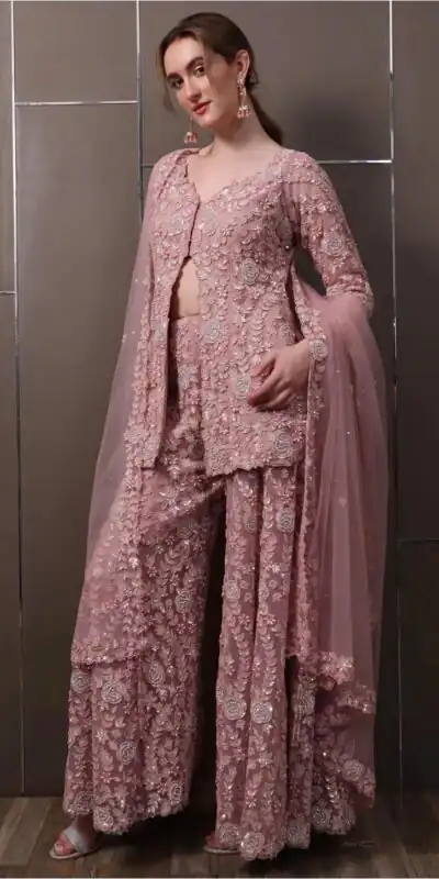 Light Pink Faux Georgette Lace Work Salwar Suit | Jump Suits, Salwar suit, Casual Suits, Creative suits, Designer Suits, Palazzo Suits, Party Wear Suits, Patiala Suits, Straight Suits