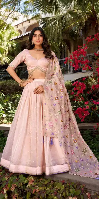 Light Pink Gold Crush Sequins Lehenga Choli | Lehenga, Bollywood Lehenga, Creative Lehenga, Designer Lehenga, Embroidered Lehenga, Party Wear Lehenga