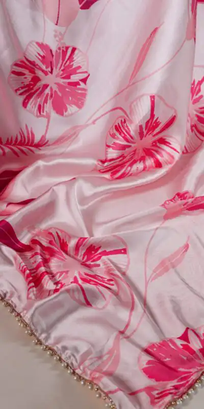 Light Pink Satin Silk Floral Printed Lace Border Saree | Sarees, Bollywood Sarees, Creative Sarees, Designer Sarees, Embroidered Sarees, Ethnic Saree, Modern Digital sarees, Party Wear Sarees