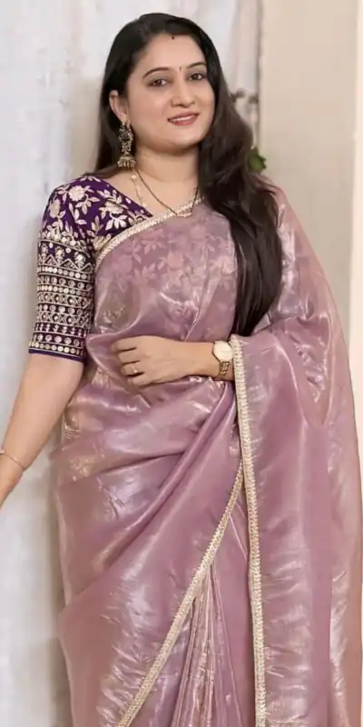 Light Pink Tissue Crush Silk Fabric With Fancy Lace Saree | Sarees, Bollywood Sarees, Creative Sarees, Designer Sarees, Embroidered Sarees, Ethnic Saree, Modern Digital sarees, Party Wear Sarees