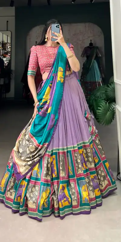 Light Purple Tasar Kalamkari Lehenga Choli | Lehenga, Bollywood Lehenga, Creative Lehenga, Designer Lehenga, Embroidered Lehenga, Party Wear Lehenga