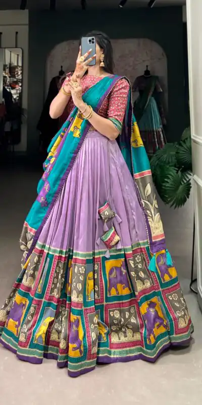 Light Purple Tasar Kalamkari Lehenga Choli | Lehenga, Bollywood Lehenga, Creative Lehenga, Designer Lehenga, Embroidered Lehenga, Party Wear Lehenga