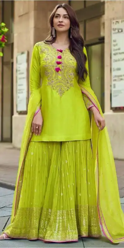 Lime Yellow Faux Georgette Embroidery Work Salwar Suit | Jump Suits, Salwar suit, Casual Suits, Creative suits, Designer Suits, Palazzo Suits, Party Wear Suits, Patiala Suits, Straight Suits