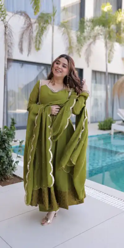 Lovely Mehendi Mul Chanderi Mirror Lace Work Anarkali Suit | Anarkali Suits, Bollywood Anarkali, Creative-Anarkali, Designer Anarkali, Embroidered Anarkali, Party Wear Anarkali