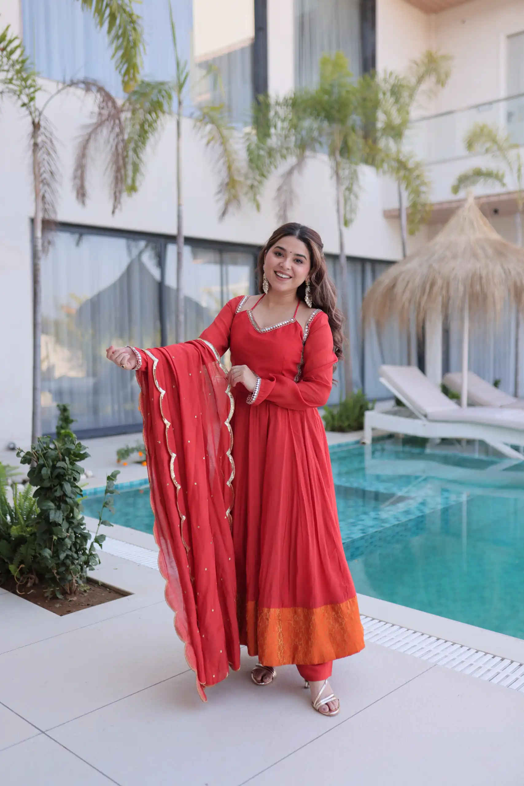 Lovely Red Mul Chanderi Mirror Lace Work Anarkali Suit | Anarkali Suits, Bollywood Anarkali, Creative-Anarkali, Designer Anarkali, Embroidered Anarkali, Party Wear Anarkali
