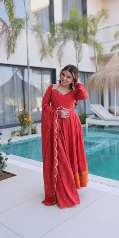 Lovely Red Mul Chanderi Mirror Lace Work Anarkali Suit | Anarkali Suits, Bollywood Anarkali, Creative-Anarkali, Designer Anarkali, Embroidered Anarkali, Party Wear Anarkali