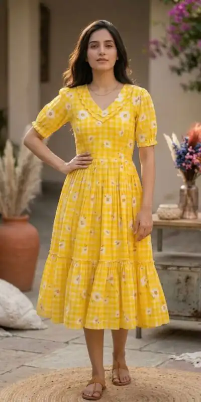 KA 1257 Mustard Muslin Silk Gingham Printed Kurti with Designer Work. Special Price ₹1519. Delivery 4-6 Working Days. Shop now. | Kurti, Bollywood Kurti, Creative Kurtis, Designer Kurti, Party Wear Kurti, Selfie Kurti
