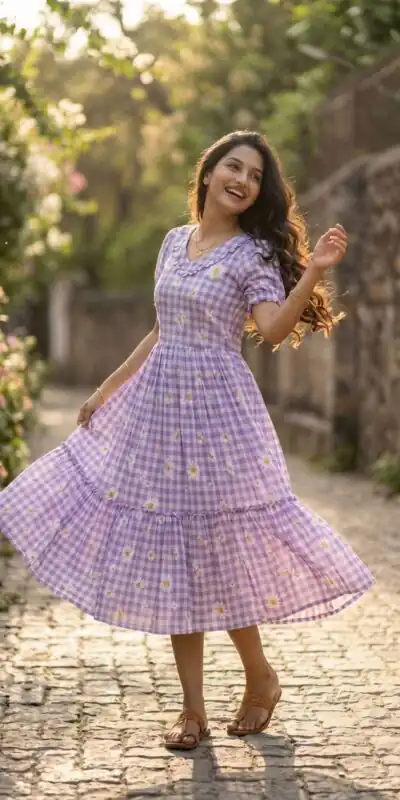 KA 1257 Purple Muslin Silk Gingham Printed Kurti with Designer Work. Special Price ₹1519. Delivery 4-6 Working Days. Shop now. | Kurti, Bollywood Kurti, Creative Kurtis, Designer Kurti, Party Wear Kurti, Selfie Kurti