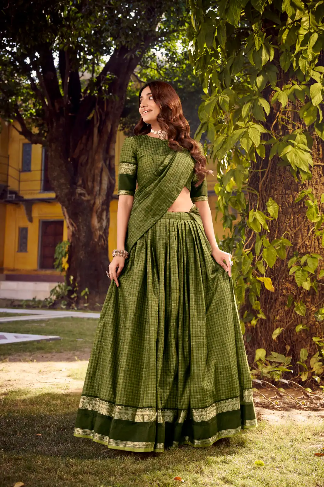Mahendi Chettinad Cotton Chex Zari Work Lehenga Choli | Lehenga, Bollywood Lehenga, Creative Lehenga, Designer Lehenga, Embroidered Lehenga, Party Wear Lehenga