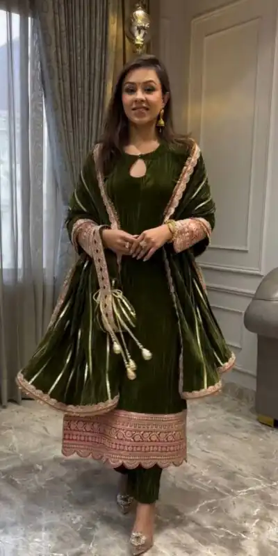 Mahendi Crash Viscose Velvet Embroidery Work Salwar Suit | Jump Suits, Salwar suit, Casual Suits, Creative suits, Designer Suits, Palazzo Suits, Party Wear Suits, Patiala Suits, Straight Suits
