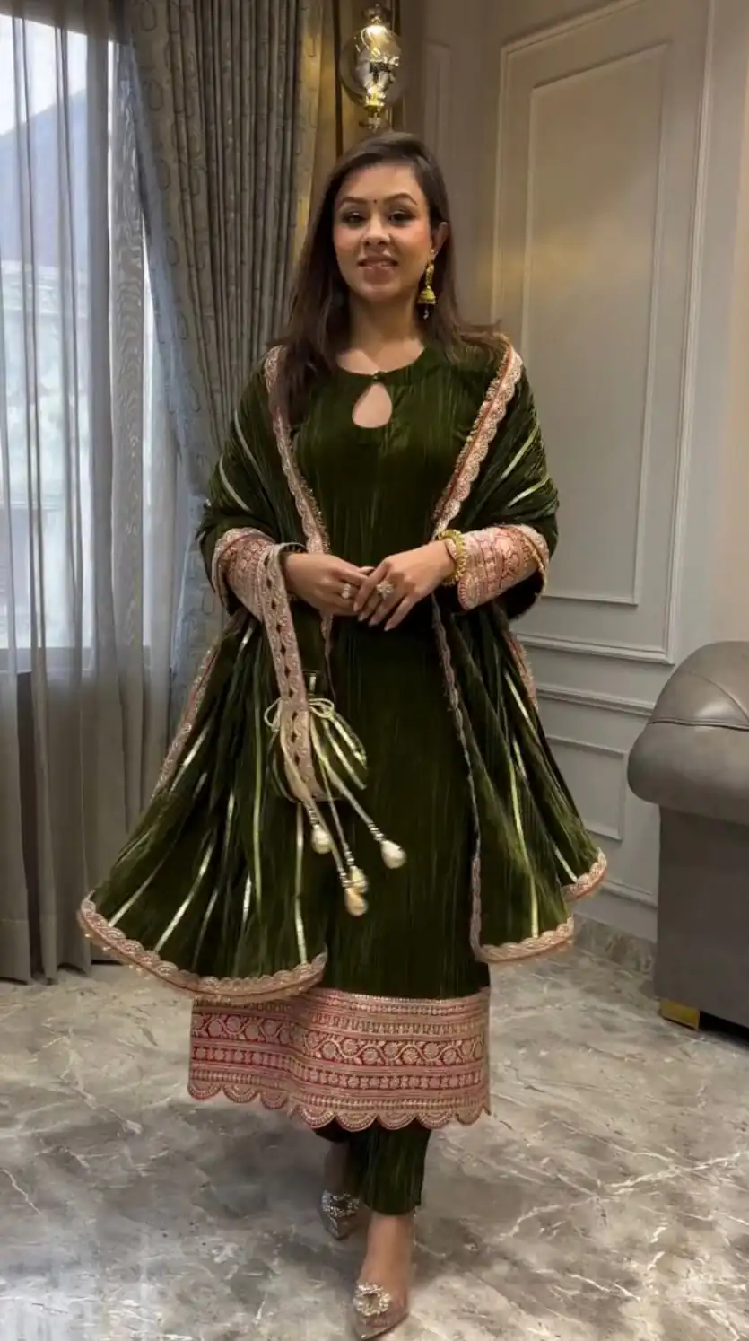 Mahendi Crash Viscose Velvet Embroidery Work Salwar Suit | Jump Suits, Salwar suit, Casual Suits, Creative suits, Designer Suits, Palazzo Suits, Party Wear Suits, Patiala Suits, Straight Suits