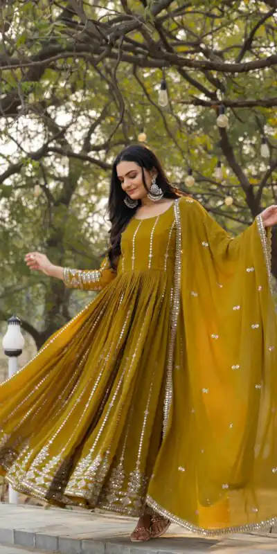 Mahendi Fox Georgette Embroidery Work Gown | Jump Suits, Salwar suit, Casual Suits, Creative suits, Designer Suits, Palazzo Suits, Party Wear Suits, Patiala Suits, Straight Suits