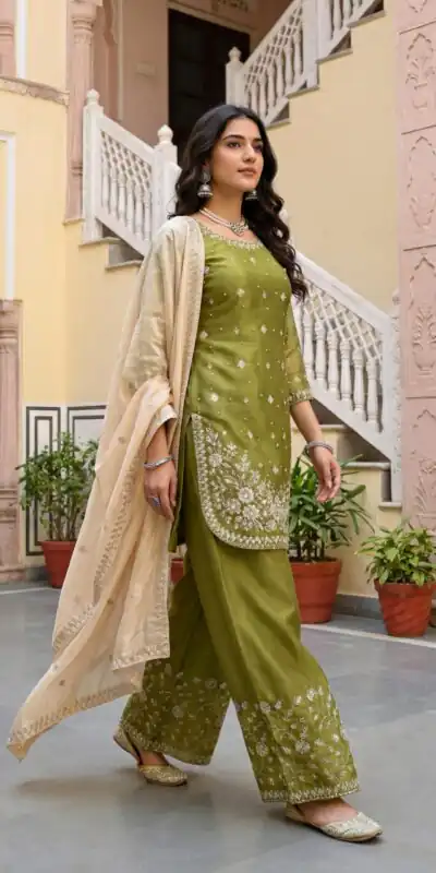 Mahendi Organza Silk Thread Work Salwar Suit | Jump Suits, Salwar suit, Casual Suits, Creative suits, Designer Suits, Palazzo Suits, Party Wear Suits, Patiala Suits, Straight Suits