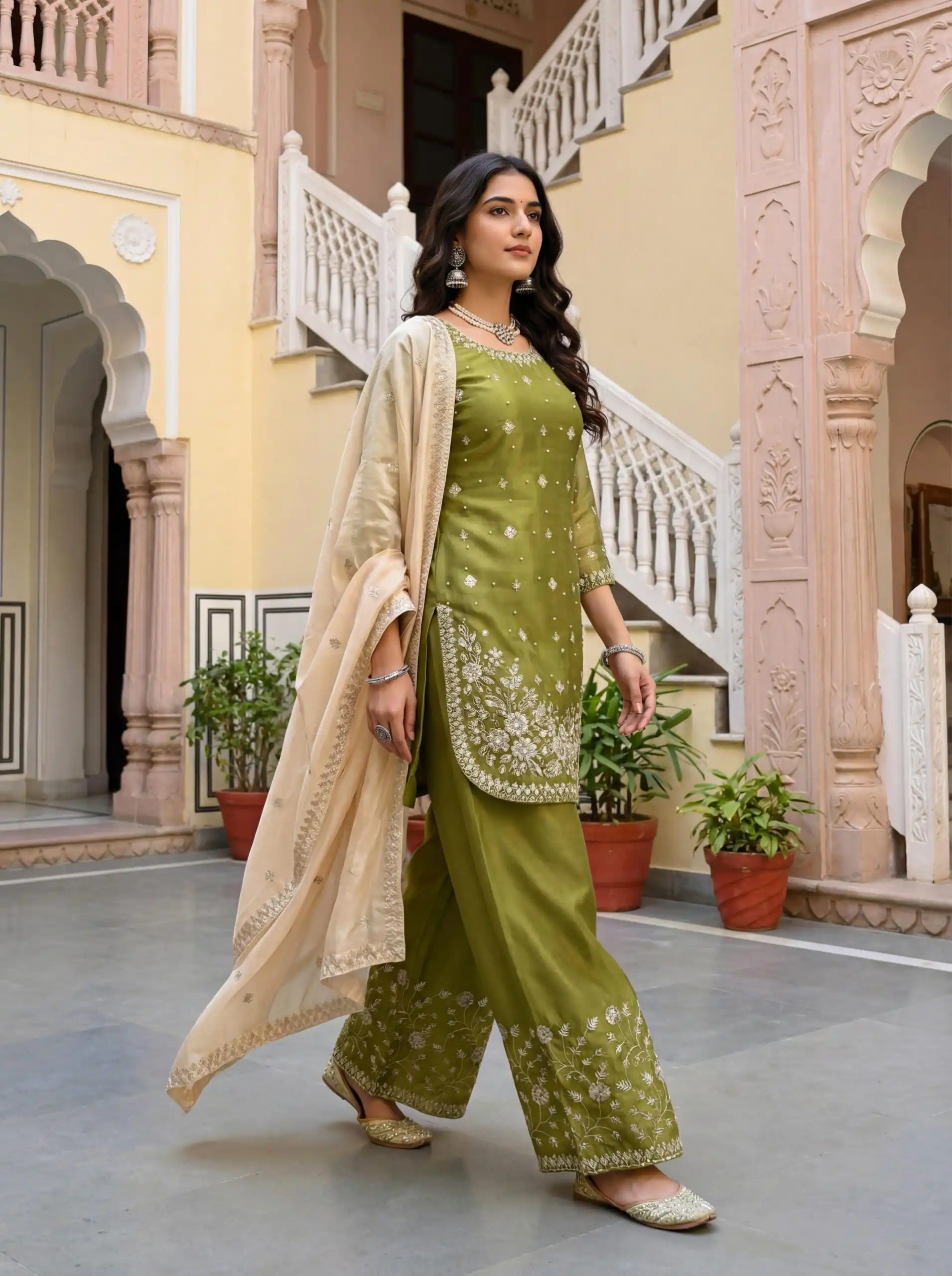 Mahendi Organza Silk Thread Work Salwar Suit | Jump Suits, Salwar suit, Casual Suits, Creative suits, Designer Suits, Palazzo Suits, Party Wear Suits, Patiala Suits, Straight Suits