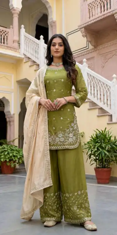 Mahendi Organza Silk Thread Work Salwar Suit | Jump Suits, Salwar suit, Casual Suits, Creative suits, Designer Suits, Palazzo Suits, Party Wear Suits, Patiala Suits, Straight Suits
