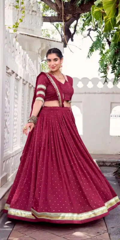 Maroon Chanderi Lace Zari Work Lehenga Choli | Lehenga, Bollywood Lehenga, Creative Lehenga, Designer Lehenga, Embroidered Lehenga, Party Wear Lehenga