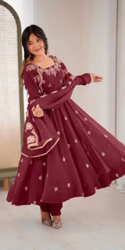 Maroon Crunchy Silk Embroidery Work Gown | Gowns, Bollywood Gowns, Creative Gowns, Designer Gowns, Embroidered Gowns, Party Wear Gowns