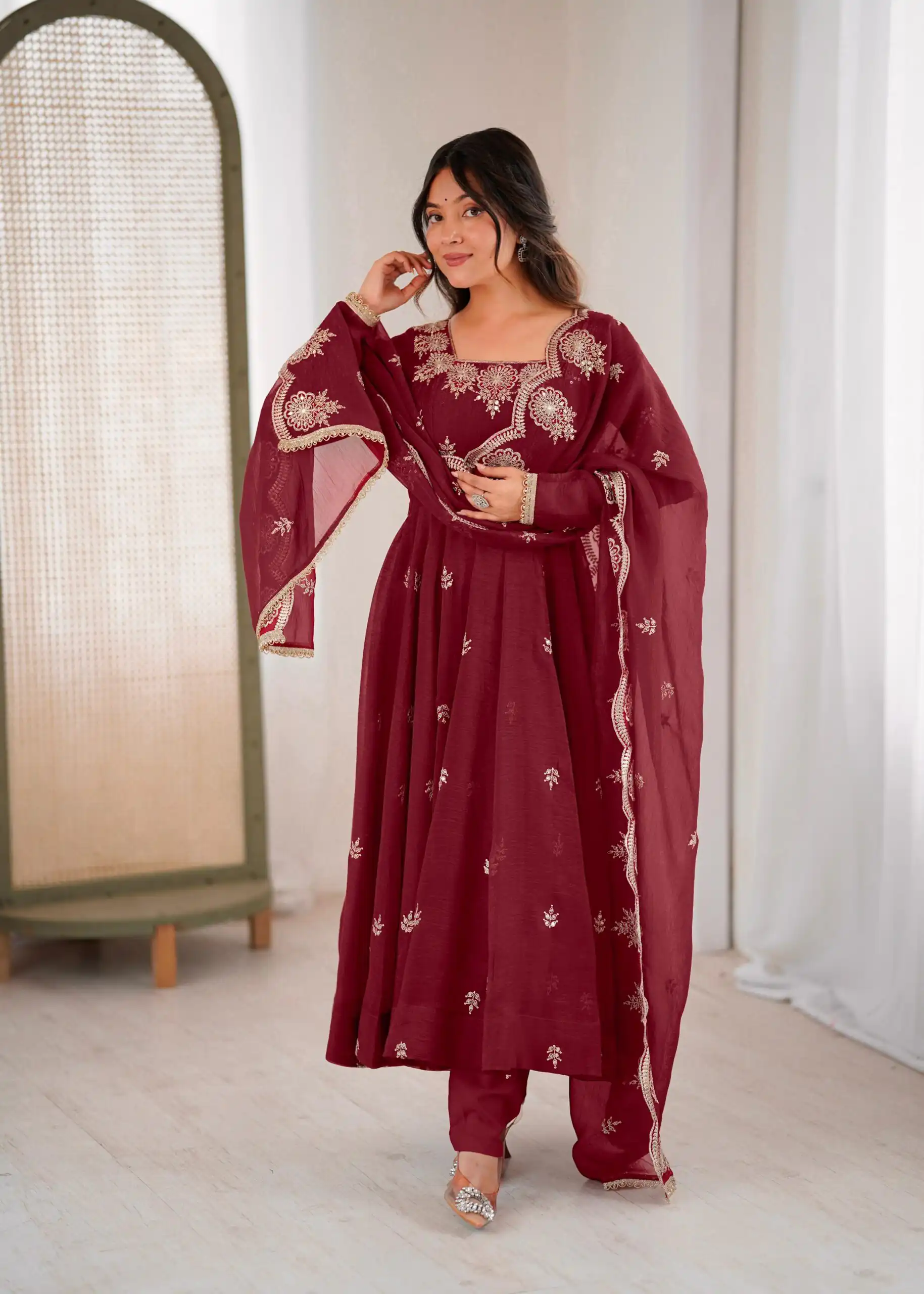 Maroon Crunchy Silk Embroidery Work Gown | Gowns, Bollywood Gowns, Creative Gowns, Designer Gowns, Embroidered Gowns, Party Wear Gowns