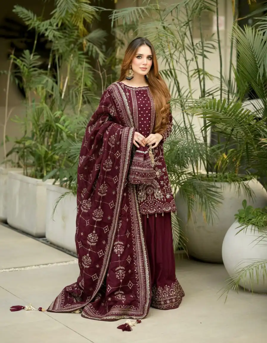 Maroon Crush Georgette Sequence Work Salwar Suit | Jump Suits, Salwar suit, Casual Suits, Creative suits, Designer Suits, Palazzo Suits, Party Wear Suits, Patiala Suits, Straight Suits
