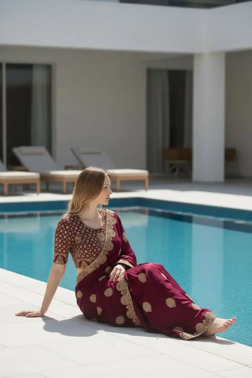 Maroon Fandy Satin Silk Embroidery Zari Work Saree | Sarees, Bollywood Sarees, Creative Sarees, Designer Sarees, Embroidered Sarees, Ethnic Saree, Modern Digital sarees, Party Wear Sarees