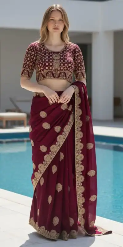 Maroon Fandy Satin Silk Embroidery Zari Work Saree | Sarees, Bollywood Sarees, Creative Sarees, Designer Sarees, Embroidered Sarees, Ethnic Saree, Modern Digital sarees, Party Wear Sarees