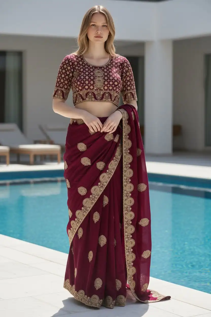 Maroon Fandy Satin Silk Embroidery Zari Work Saree | Sarees, Bollywood Sarees, Creative Sarees, Designer Sarees, Embroidered Sarees, Ethnic Saree, Modern Digital sarees, Party Wear Sarees