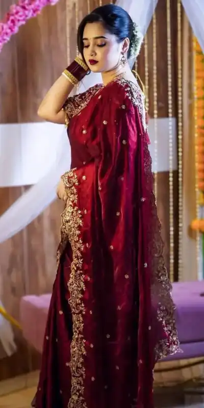 Maroon Fandy Satin Silk With Sequins Work Saree | Sarees, Bollywood Sarees, Creative Sarees, Designer Sarees, Embroidered Sarees, Ethnic Saree, Modern Digital sarees, Party Wear Sarees