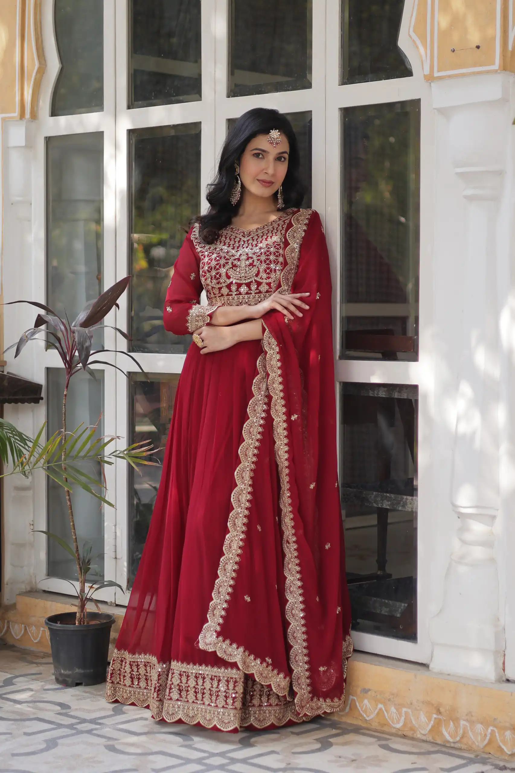 Maroon Faux Blooming Embroidery Zari Work Gown | Gowns, Bollywood Gowns, Creative Gowns, Designer Gowns, Embroidered Gowns, Party Wear Gowns