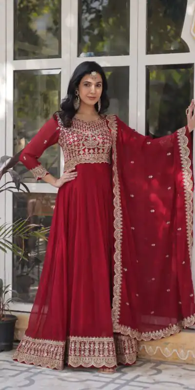 Maroon Faux Blooming Embroidery Zari Work Gown | Gowns, Bollywood Gowns, Creative Gowns, Designer Gowns, Embroidered Gowns, Party Wear Gowns
