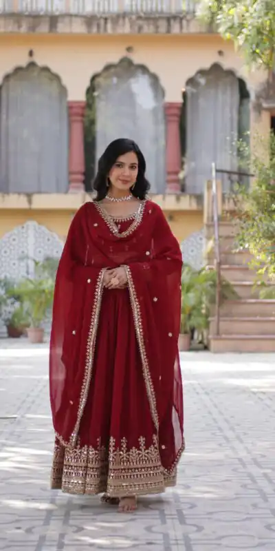 Maroon Faux Blooming Embroidery Zari Work Gown | Gowns, Bollywood Gowns, Creative Gowns, Designer Gowns, Embroidered Gowns, Party Wear Gowns