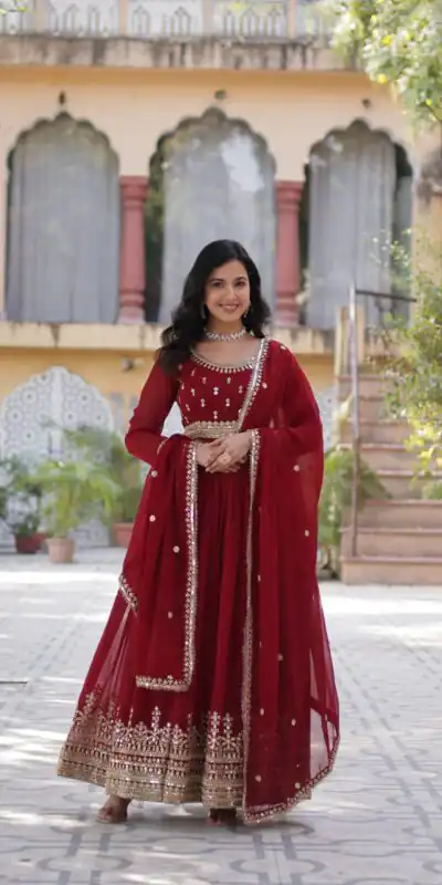 Maroon Faux Blooming Embroidery Zari Work Gown | Gowns, Bollywood Gowns, Creative Gowns, Designer Gowns, Embroidered Gowns, Party Wear Gowns