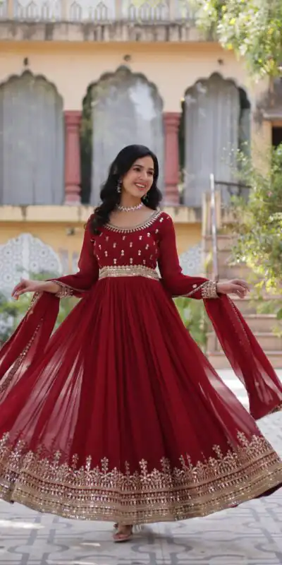 Maroon Faux Blooming Embroidery Zari Work Gown | Gowns, Bollywood Gowns, Creative Gowns, Designer Gowns, Embroidered Gowns, Party Wear Gowns