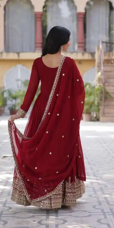 Maroon Faux Blooming Embroidery Zari Work Gown | Gowns, Bollywood Gowns, Creative Gowns, Designer Gowns, Embroidered Gowns, Party Wear Gowns