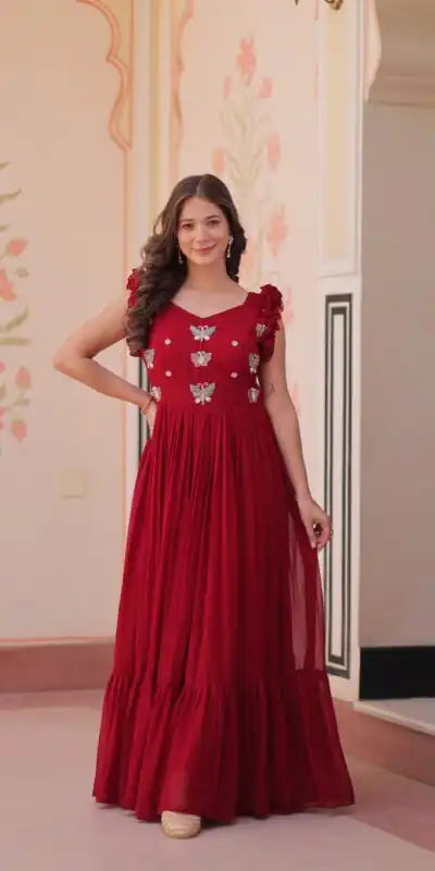 Maroon Faux Blooming Sequins Work Gown | Gowns, Bollywood Gowns, Creative Gowns, Designer Gowns, Embroidered Gowns, Party Wear Gowns