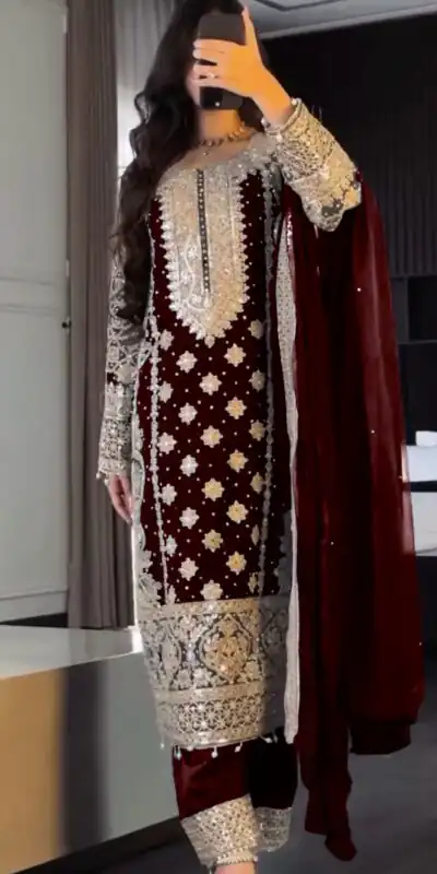 Maroon Faux Georgette Embroidery Salwar Suit | Jump Suits, Salwar suit, Casual Suits, Creative suits, Designer Suits, Palazzo Suits, Party Wear Suits, Patiala Suits, Straight Suits