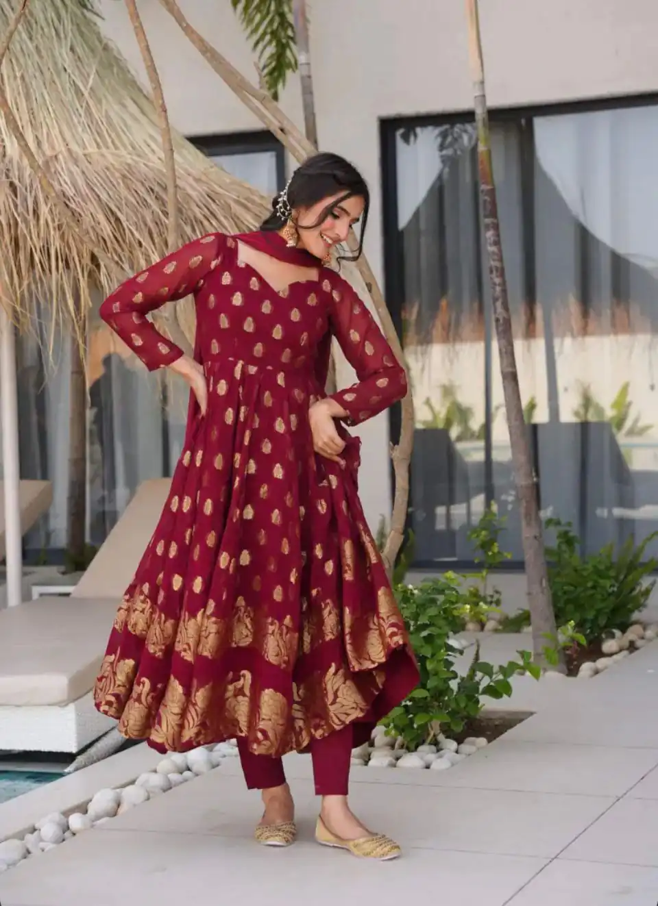 Maroon Faux Georgette Embroidery Work Gown | Gowns, Bollywood Gowns, Creative Gowns, Designer Gowns, Embroidered Gowns, Party Wear Gowns