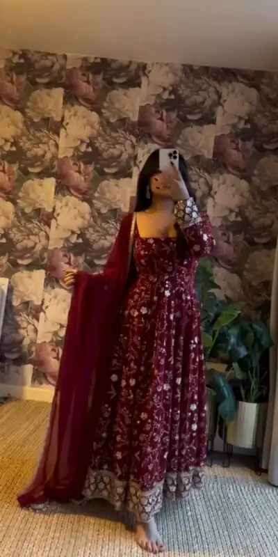 Maroon Faux Georgette Sequence Work Gown | Gowns, Bollywood Gowns, Creative Gowns, Designer Gowns, Embroidered Gowns, Party Wear Gowns