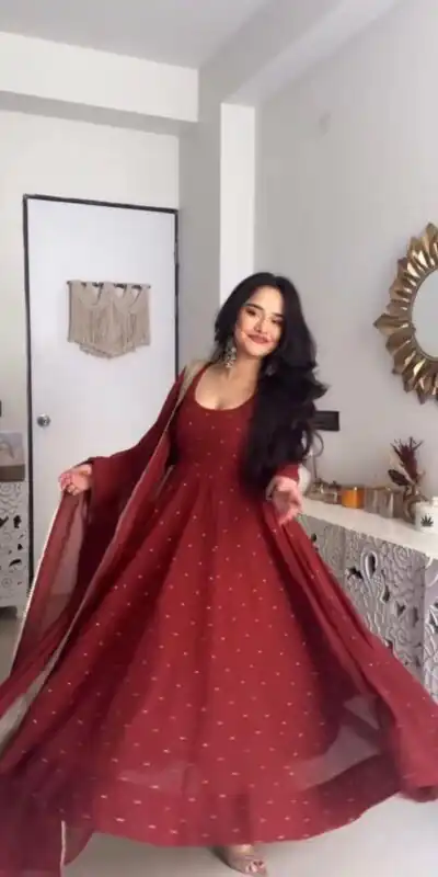 Maroon Faux Georgette Silk Lace Work Gown | Gowns, Bollywood Gowns, Creative Gowns, Designer Gowns, Embroidered Gowns, Party Wear Gowns