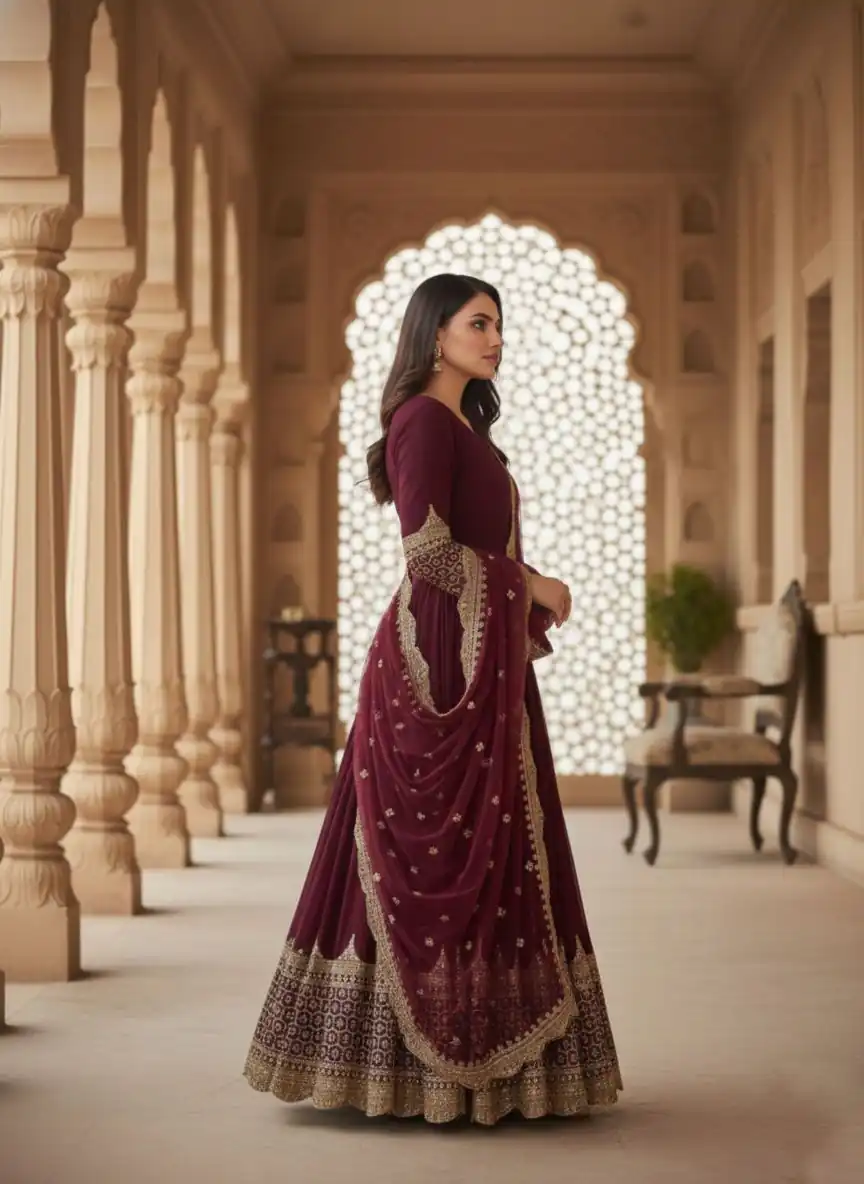 Maroon Faux Georgette With Embroidery Work Gown | Gowns, Bollywood Gowns, Creative Gowns, Designer Gowns, Embroidered Gowns, Party Wear Gowns