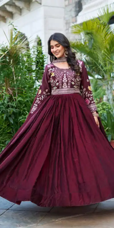 Maroon Fendy Silk Embroidery Work Gown | Gowns, Bollywood Gowns, Creative Gowns, Designer Gowns, Embroidered Gowns, Party Wear Gowns