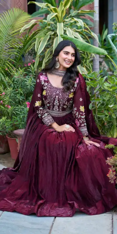 Maroon Fendy Silk Embroidery Work Gown | Gowns, Bollywood Gowns, Creative Gowns, Designer Gowns, Embroidered Gowns, Party Wear Gowns