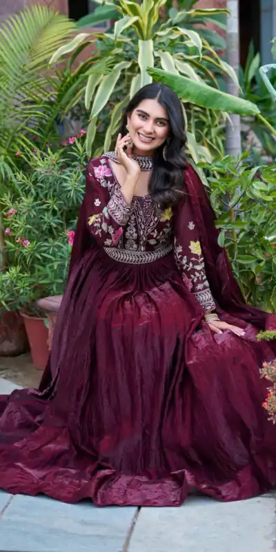 Maroon Fendy Silk Embroidery Work Gown | Gowns, Bollywood Gowns, Creative Gowns, Designer Gowns, Embroidered Gowns, Party Wear Gowns