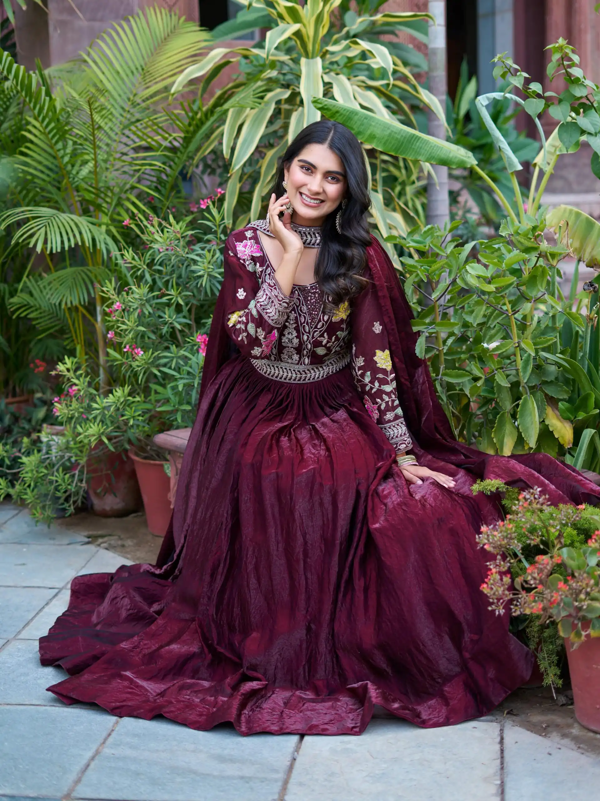 Maroon Fendy Silk Embroidery Work Gown | Gowns, Bollywood Gowns, Creative Gowns, Designer Gowns, Embroidered Gowns, Party Wear Gowns