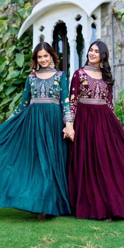 Maroon Fendy Silk Embroidery Work Gown | Gowns, Bollywood Gowns, Creative Gowns, Designer Gowns, Embroidered Gowns, Party Wear Gowns