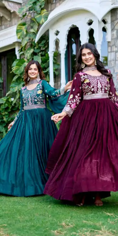 Maroon Fendy Silk Embroidery Work Gown | Gowns, Bollywood Gowns, Creative Gowns, Designer Gowns, Embroidered Gowns, Party Wear Gowns